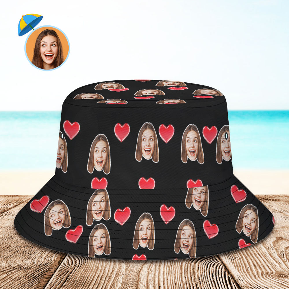 Custom Your Photo Face And Pet Summer Bucket Hat Fisherman Hat - Heart Black BX1310 XS(Aged 3-7 HC 20.87in-53cm) Official hat Merch