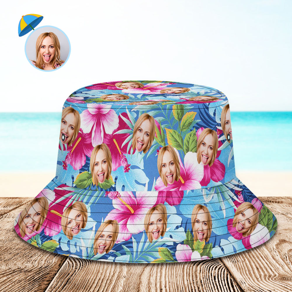 Custom Bucket Hat Personalized Face All Over Print Tropical Flower Print Hawaiian Fisherman Hat - Pink Flowers BX1310 XS(Aged 3-7 HC 20.87in-53cm) Official hat Merch