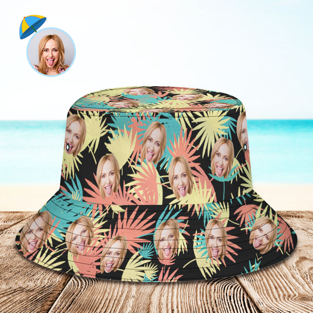 Custom Bucket Hat Personalized Face All Over Print Tropical Flower Print Hawaiian Fisherman Hat - Leaves BX1310 XS(Aged 3-7 HC 20.87in-53cm) Official hat Merch