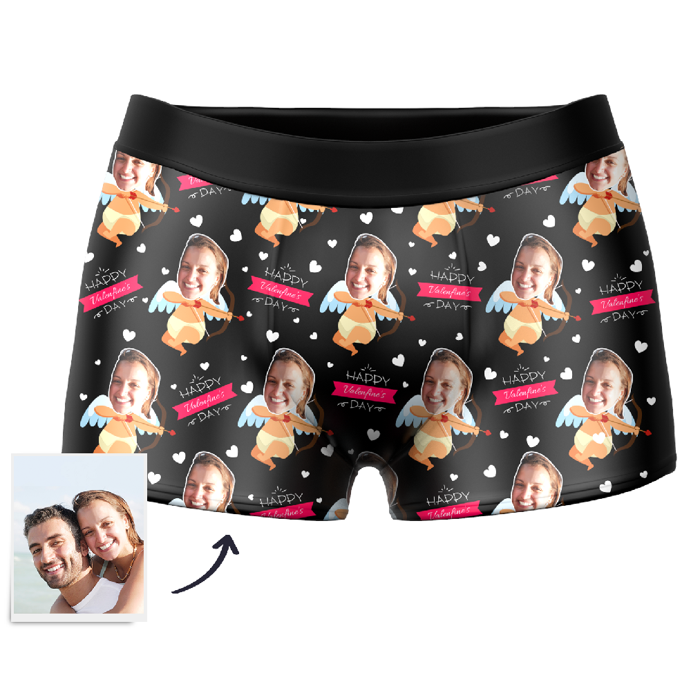 Men's Cupid Custom Face Couple Boxer - Happy Valentine's day  BX1310 XS(Waist 25-27in) / One Face / Black Official Men Boxer Merch