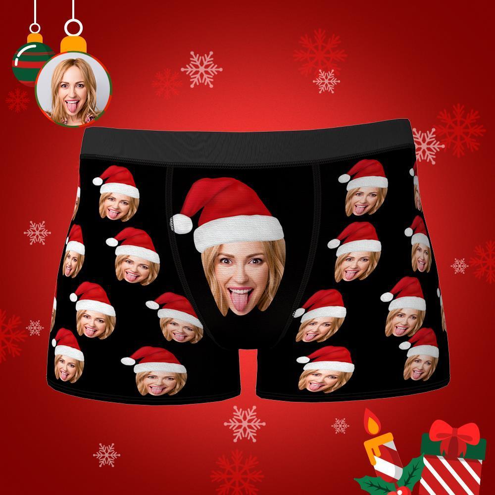 Custom Face Boxers Shorts with Christmas hat Personalised Photo Underwear Christmas Gift for Men  BX1310 XS(Waist 25-27in) Official Men Boxer Merch