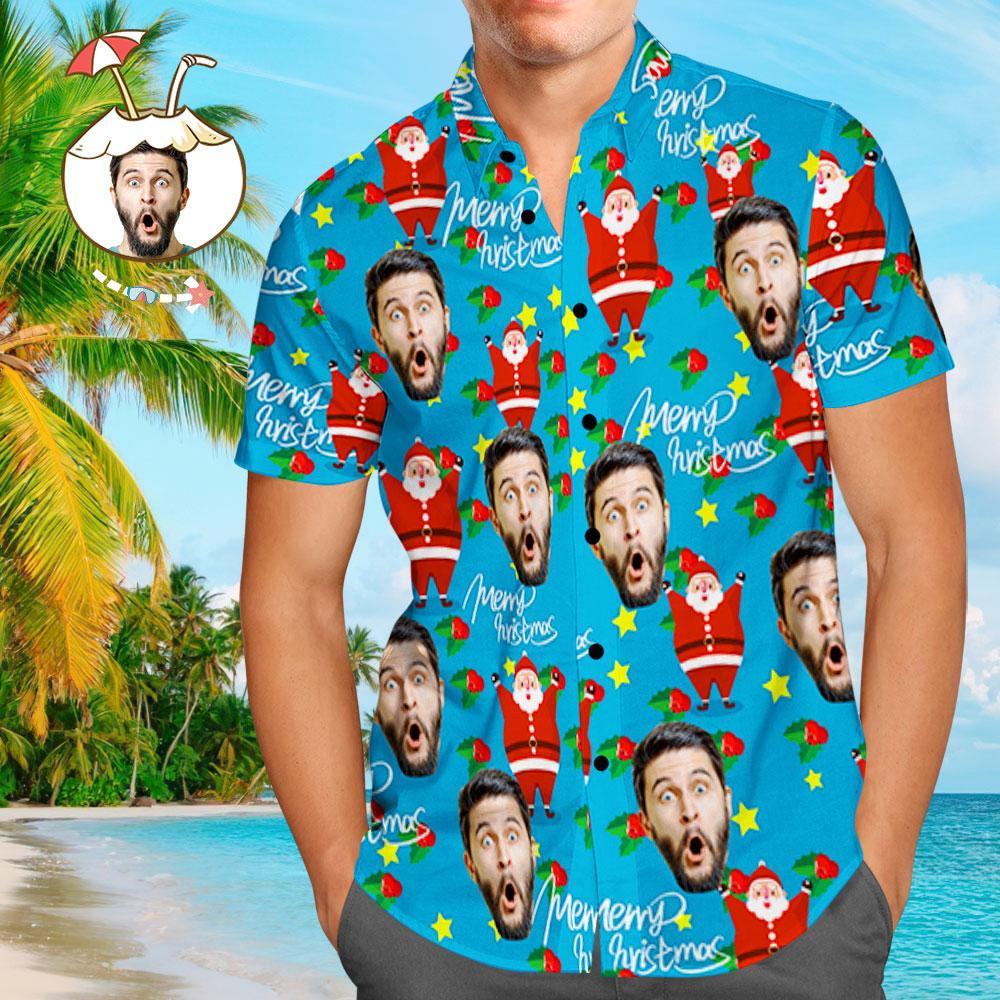 Custom Face Shirt Personalized Photo Men's Hawaiian Shirt Christmas Gift - Happy Santa  BX1310 S / Blue Official socks Merch