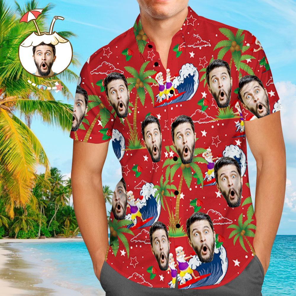 Custom Face Shirt Personalized Photo Men's Hawaiian Shirt Christmas Gift - Surfing Santa  BX1310 S / Red Official socks Merch