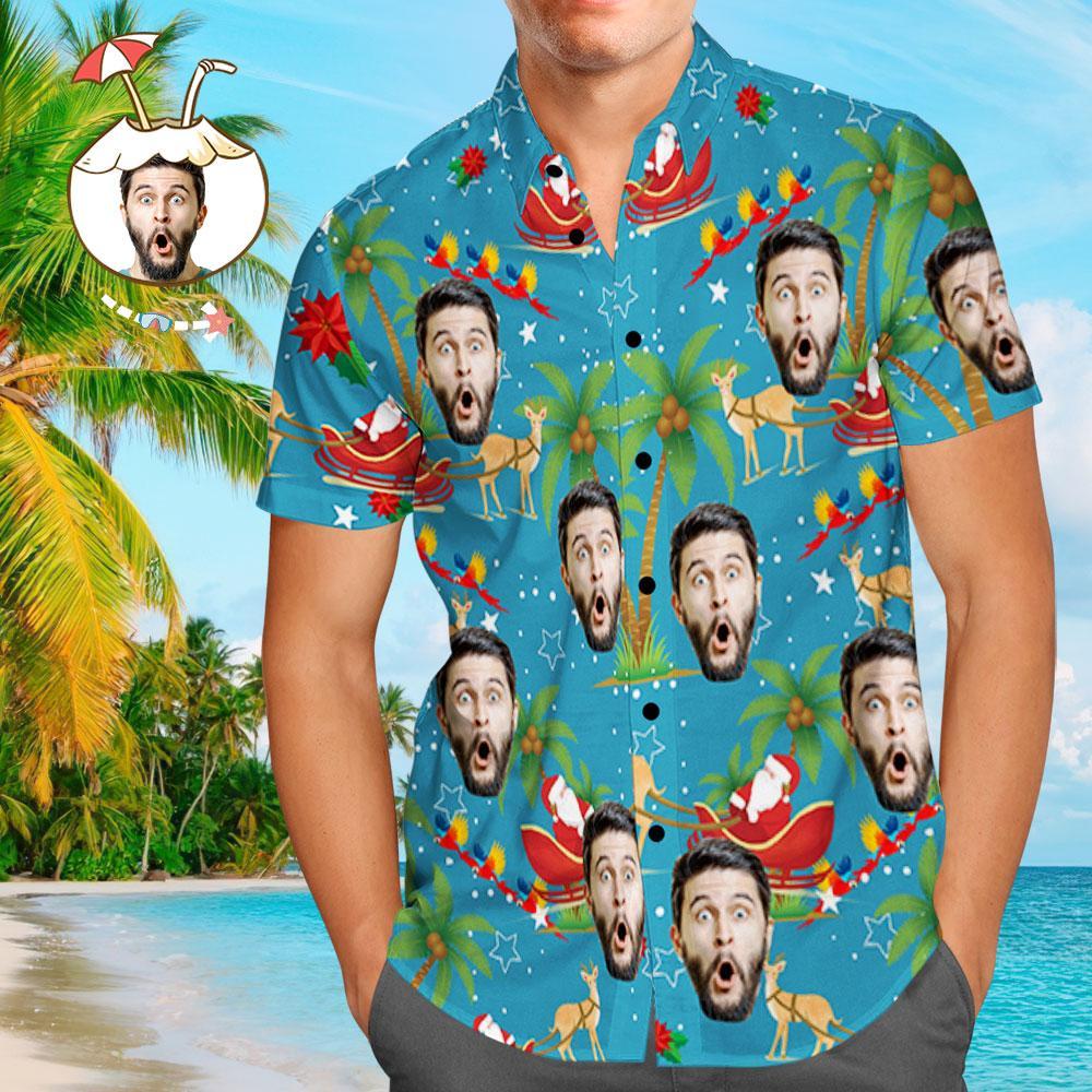 Custom Face Shirt Personalized Photo Men's Hawaiian Shirt Christmas Gift - Santa and Elk  BX1310 S / Blue Official socks Merch