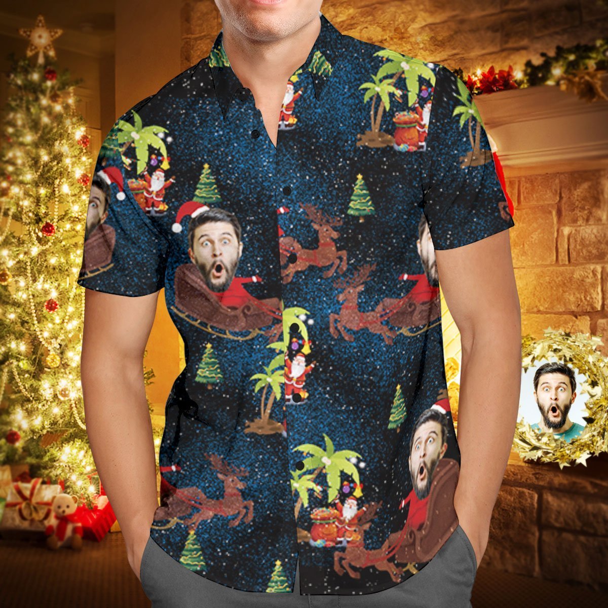 Custom Face Personalized Christmas Hawaiian Shirt Reindeer Pulling a Sleigh Christmas Gift  BX1310 S / One Face Official socks Merch