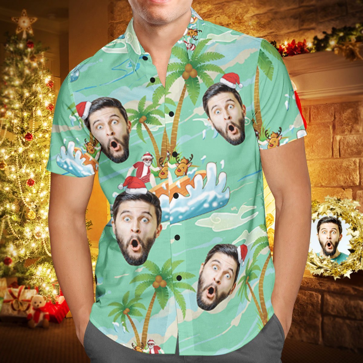 Custom Face Personalized Christmas Hawaiian Shirt Santa Claus Seaside Surf Holiday Gift  BX1310 S / One Face Official socks Merch