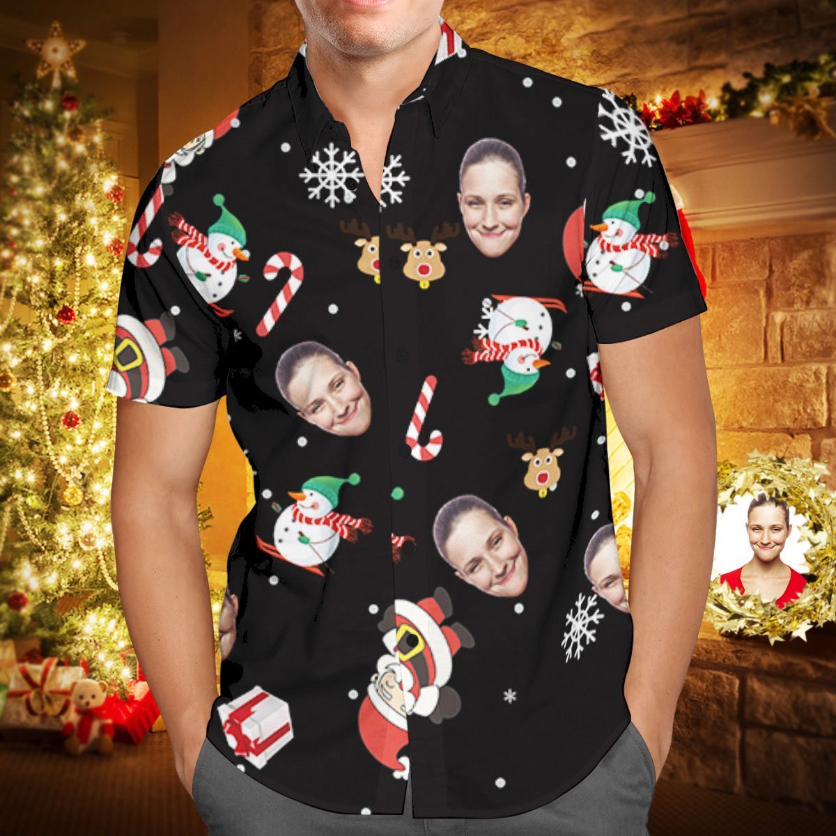 Custom Face Personalized Christmas Hawaiian Shirt Snowman Skiing Candy Cane Holiday Gifts  BX1310 S / One Face Official socks Merch