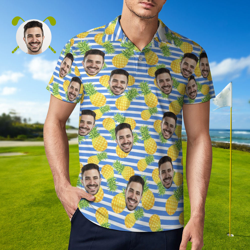 Men's Custom Face Polo Shirt Blue Stripes with Pineapples Personalized Hawaiian Golf Shirts BX1310 S Official polo Merch