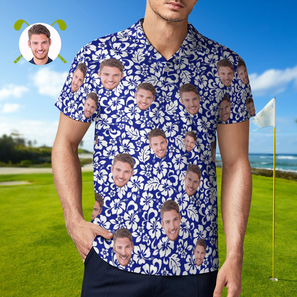 Custom Face Polo Shirt For Men Personalized Blue Hawaiian Golf Shirts BX1310 S Official polo Merch