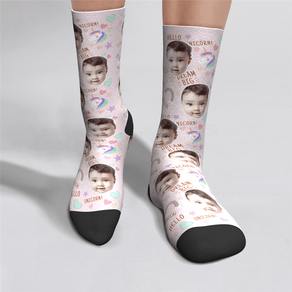 Face On Socks, Hello Unicorn BX1310 Kid (Foot Length 14CM = 5.51in) / One Face Official custom sock Merch