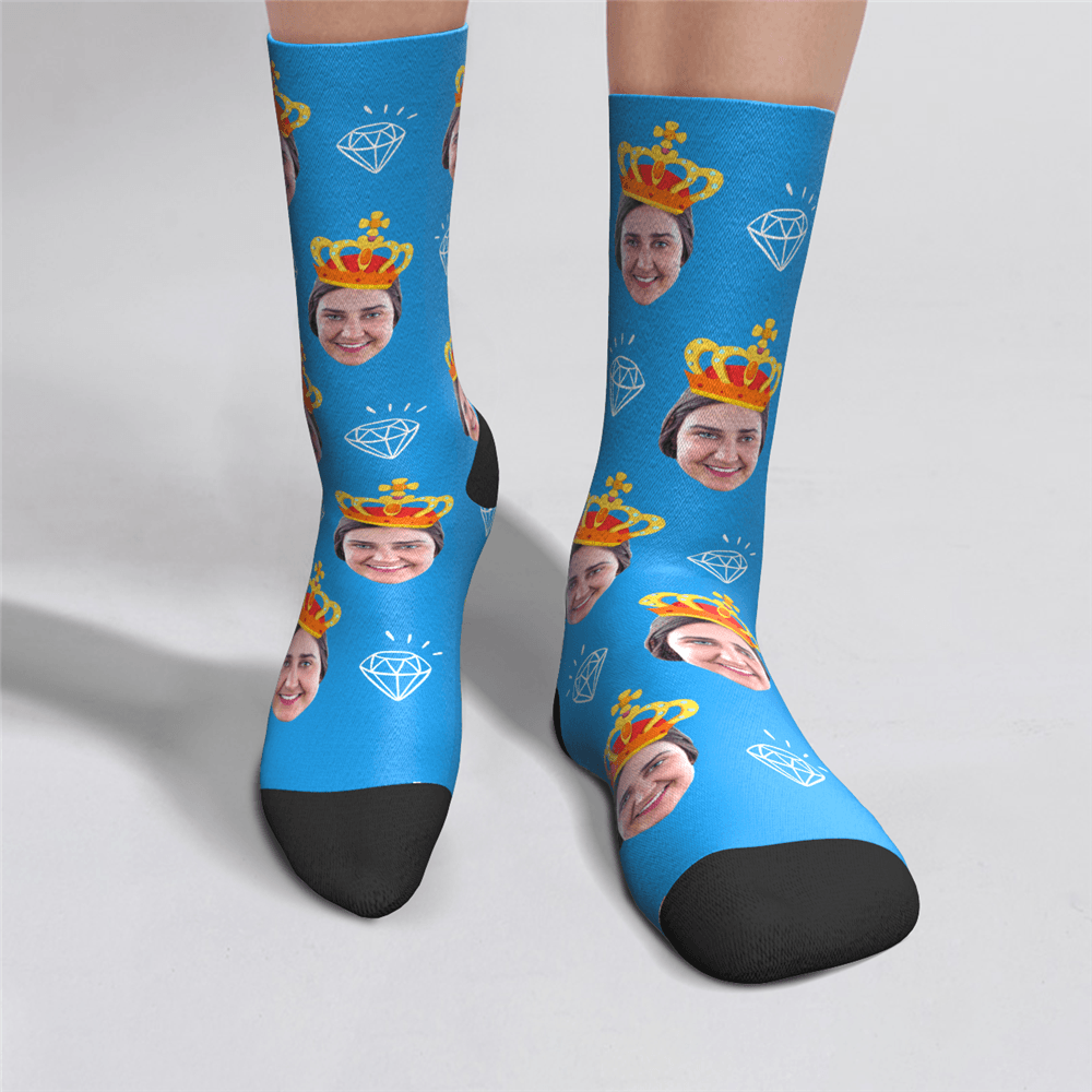 Face On Socks, Crown And Diamond BX1310 Blue / Kid (Foot Length 14CM = 5.51in) / One Face Official custom sock Merch