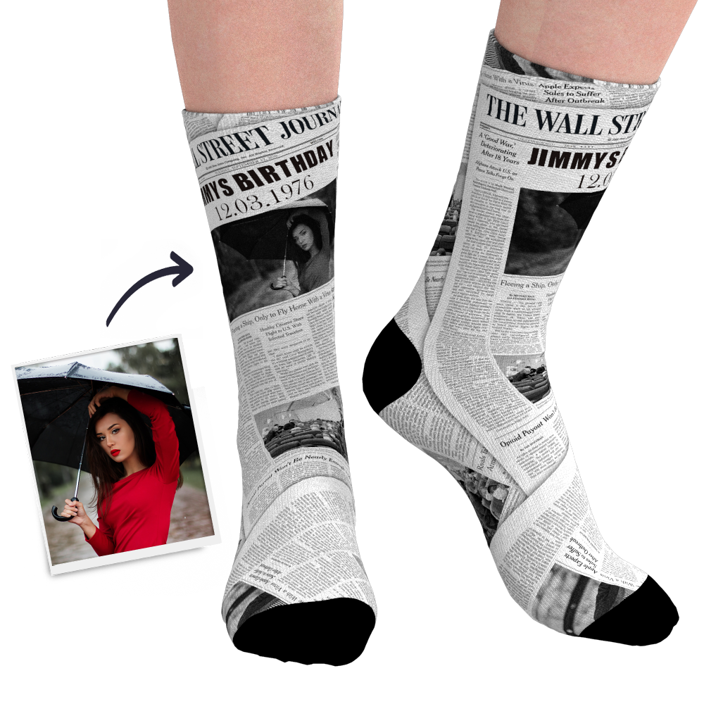 Custom Photo and Text USA Newspaper Fontpage Socks BX1310 Kid (Foot Length 14CM = 5.51in) Official custom sock Merch