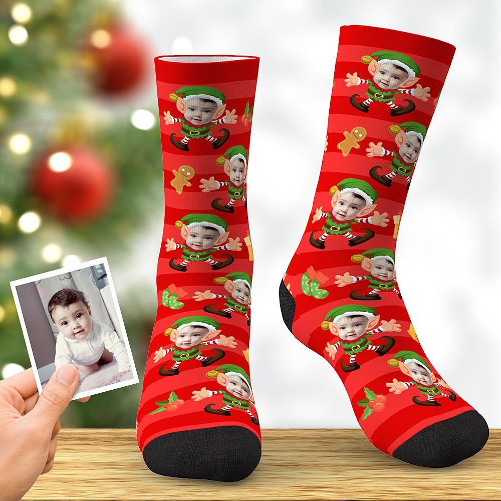 Custom Photo Christmas Gifts Elf Socks Red Stripes BX1310 Kid (Foot Length 14CM = 5.51in) / One Face Official custom sock Merch