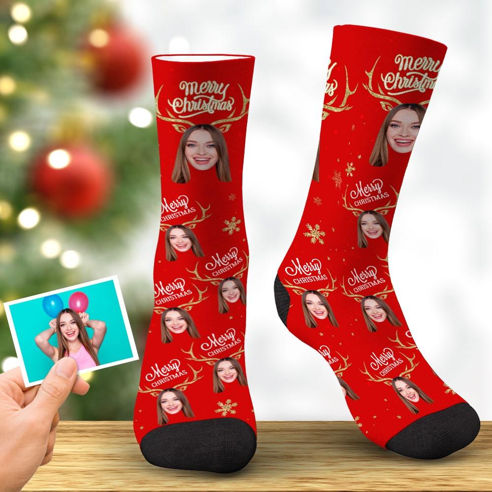 Personalized Face Elf Socks Christmas Gift With Antlers BX1310 Kid (Foot Length 14CM = 5.51in) / One Face Official custom sock Merch