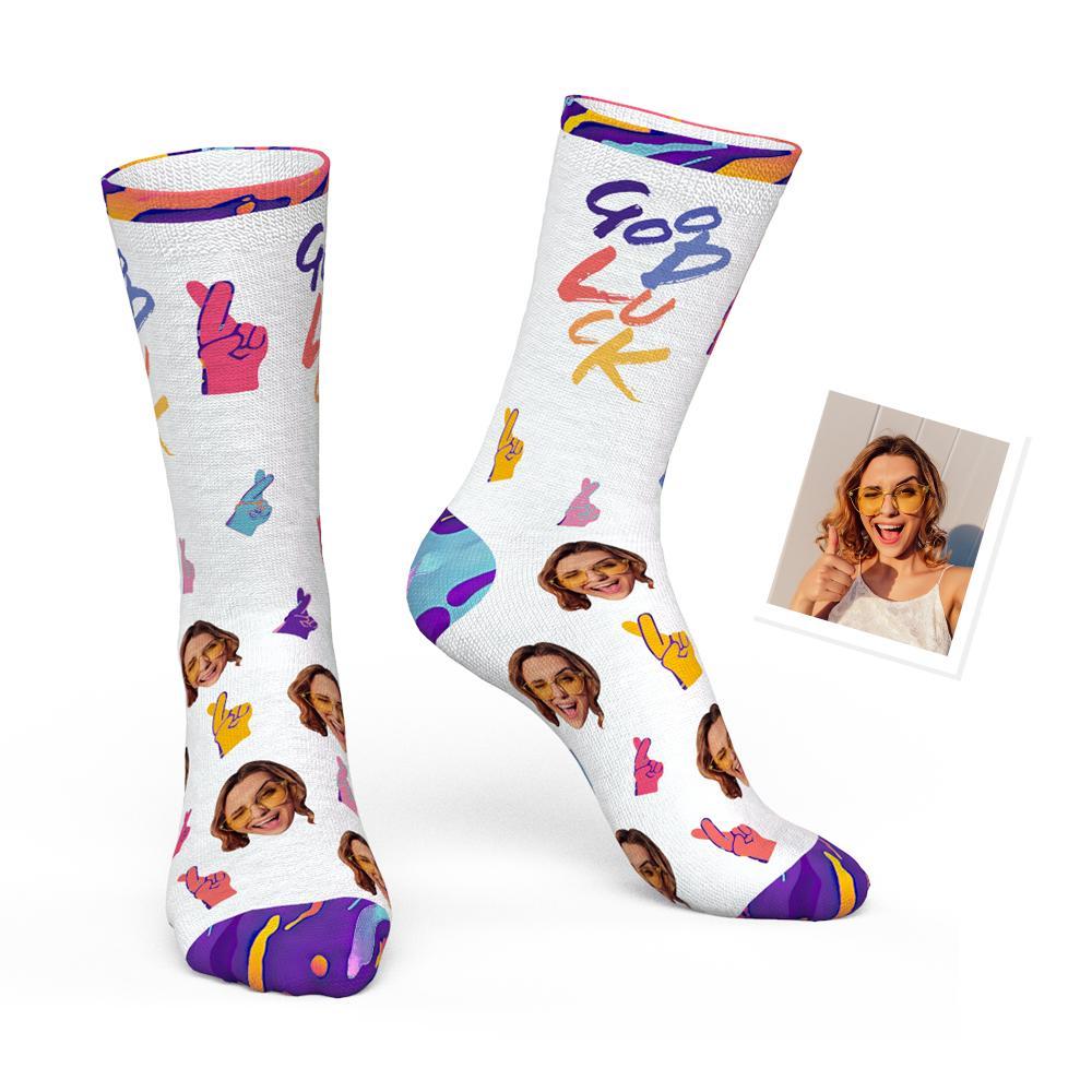 Custom Sign Language Sock with Your Face - Good Luck BX1310 Kid (Foot Length 14CM = 5.51in) Official custom sock Merch